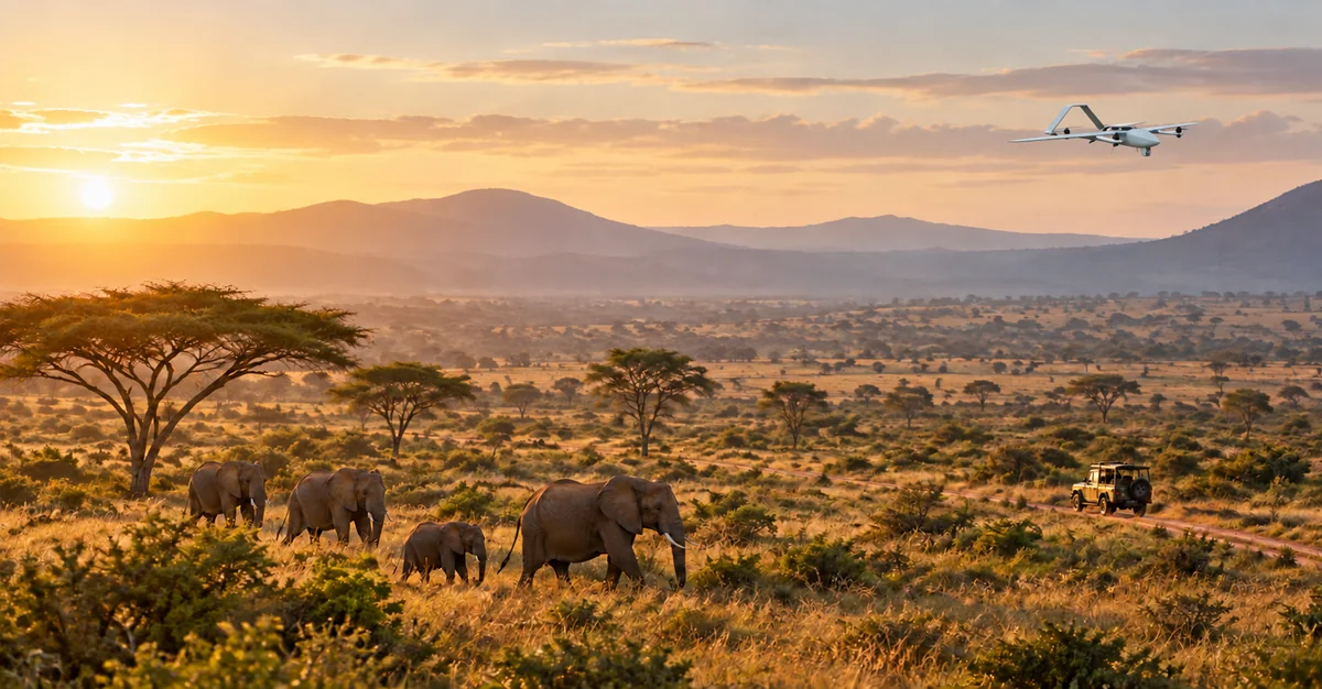 Concept image of an ORKID VTOL patrolling a wildlife reserve with elephants and a ranger vehicle