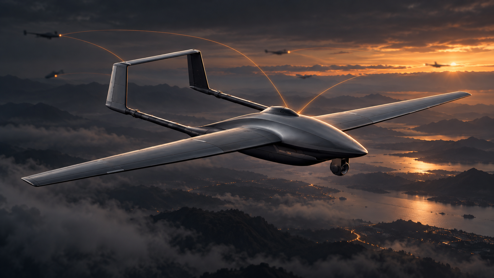 Concept illustration of the ORKID 300 coordinating with distant aerial platforms whose designs remain obscured